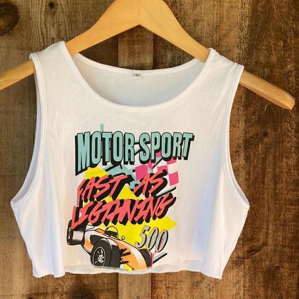 Remidoo Motor Sport Fast as Lightening 500 Raw Hem Edge Sleeveless Crop Top